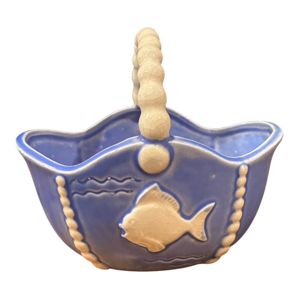 Ceramic Dish Basket Hand Painted Fish Blue & White Made in Japan Vintage MCM